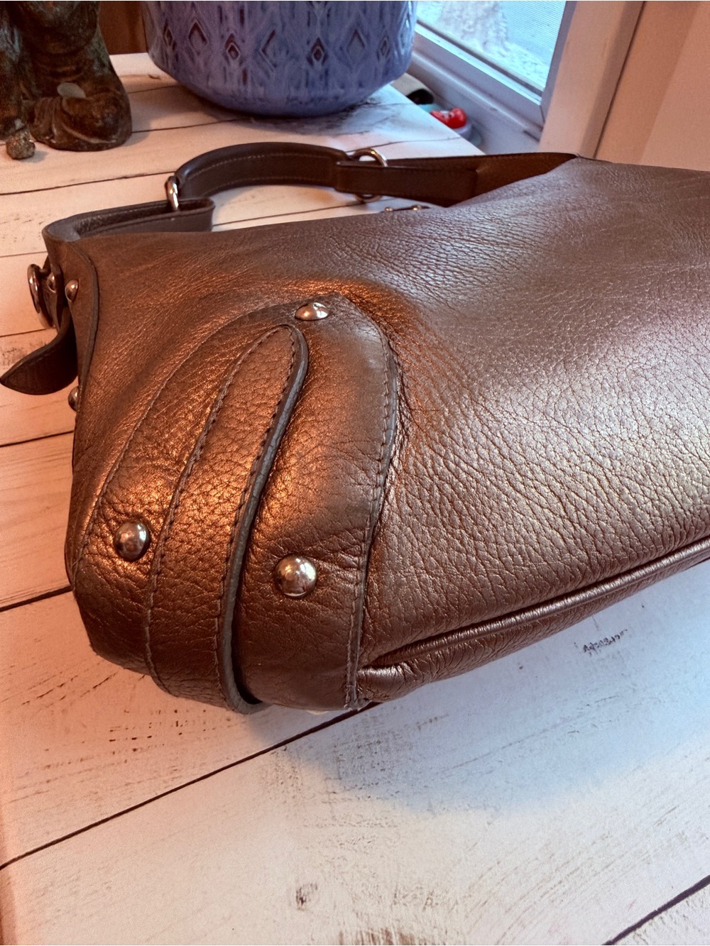 Furla | Vintage Metallic Taupe Pebbled Leather Hobo‎ Shoulder Bag - Picture 5 of 15